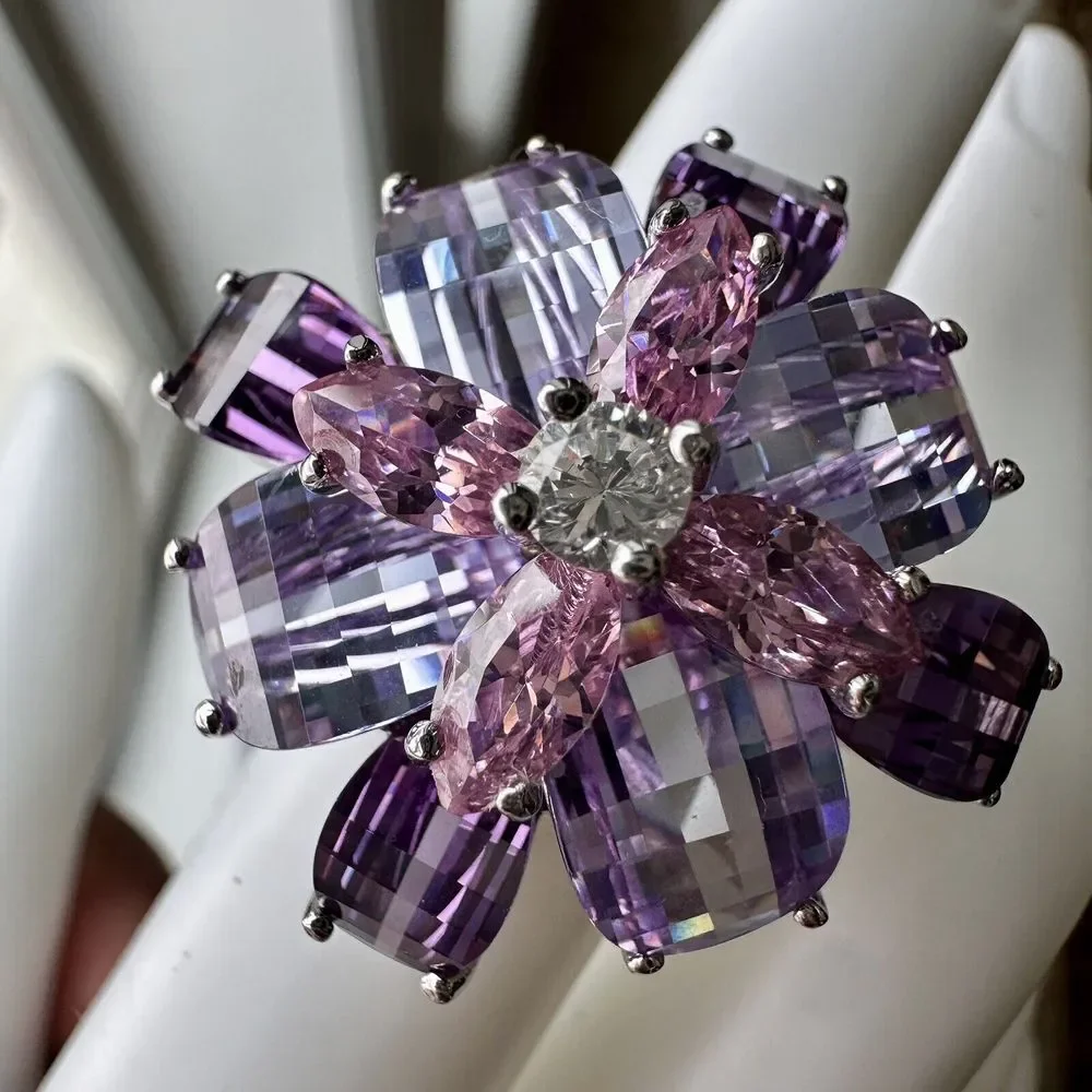 Statement Flower Ring Size 5 Purple Pink Gemstones Chunky Sterling Silver‎ 16+g